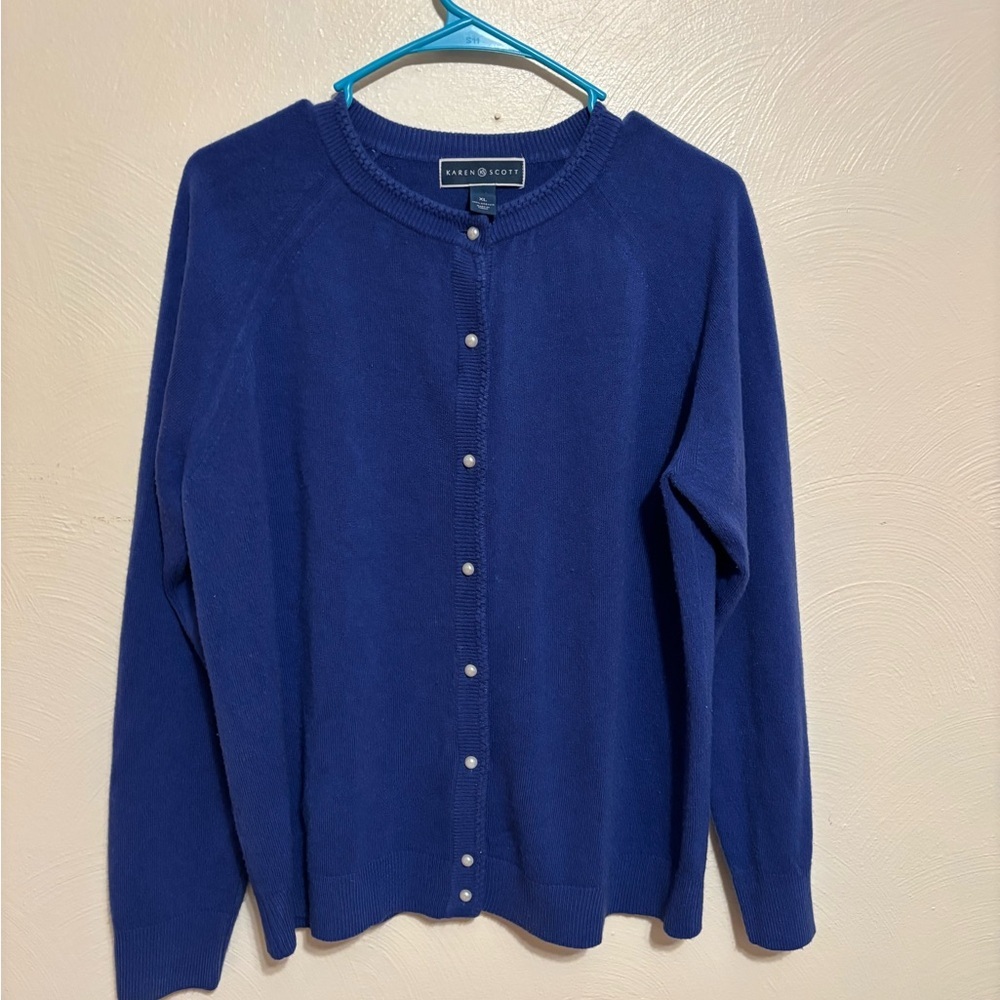 Karen Scott Blue Cardigan Sweater XL Pearl Button Front Classic